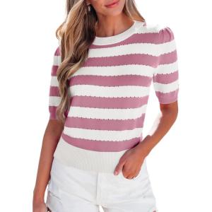 imageEVALESS Womens Short Sleeve Sweaters Tops Trendy Crewneck Striped Hollow Out Knit T Shirts Casual Summer BlousesPink Stripe