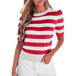 imageEVALESS Womens Short Sleeve Sweaters Tops Trendy Crewneck Striped Hollow Out Knit T Shirts Casual Summer BlousesRed Stripe