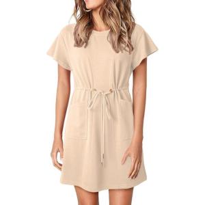 imageEVALESS Womens Summer Dresses Casual Round Neck Ruffle Short Sleeve Flowy A Line Mini Dress with PocketsApricot