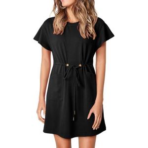 imageEVALESS Womens Summer Dresses Casual Round Neck Ruffle Short Sleeve Flowy A Line Mini Dress with PocketsBlack