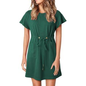imageEVALESS Womens Summer Dresses Casual Round Neck Ruffle Short Sleeve Flowy A Line Mini Dress with PocketsBlackish Green