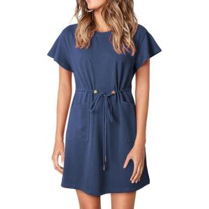 imageEVALESS Womens Summer Dresses Casual Round Neck Ruffle Short Sleeve Flowy A Line Mini Dress with PocketsBlue