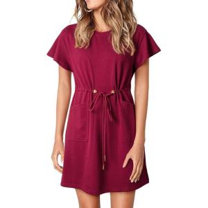 imageEVALESS Womens Summer Dresses Casual Round Neck Ruffle Short Sleeve Flowy A Line Mini Dress with PocketsBurgundy
