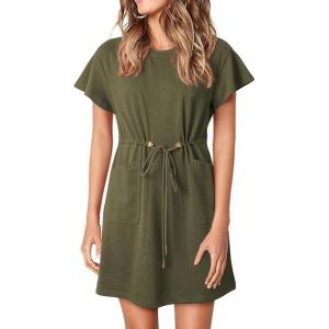 imageEVALESS Womens Summer Dresses Casual Round Neck Ruffle Short Sleeve Flowy A Line Mini Dress with PocketsMoss Green