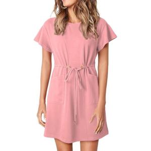 imageEVALESS Womens Summer Dresses Casual Round Neck Ruffle Short Sleeve Flowy A Line Mini Dress with PocketsPink
