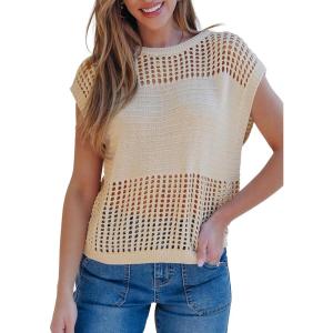 imageEVALESS Womens Tops Casual Summer Cap Short Sleeve Crochet Hollow Out Knit Sweater Vest Pullover TShirts Beach CoverupApricot