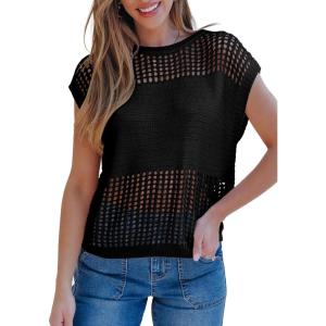 imageEVALESS Womens Tops Casual Summer Cap Short Sleeve Crochet Hollow Out Knit Sweater Vest Pullover TShirts Beach CoverupBlack