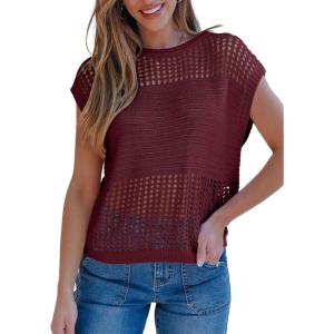 imageEVALESS Womens Tops Casual Summer Cap Short Sleeve Crochet Hollow Out Knit Sweater Vest Pullover TShirts Beach CoverupBurgundy