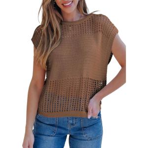 imageEVALESS Womens Tops Casual Summer Cap Short Sleeve Crochet Hollow Out Knit Sweater Vest Pullover TShirts Beach CoverupCoffee