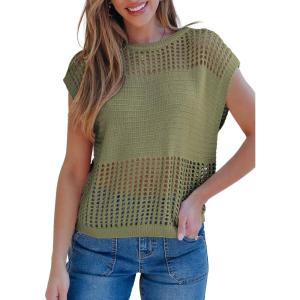 imageEVALESS Womens Tops Casual Summer Cap Short Sleeve Crochet Hollow Out Knit Sweater Vest Pullover TShirts Beach CoverupJungle Green