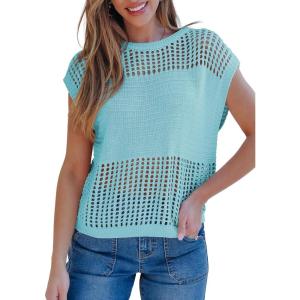imageEVALESS Womens Tops Casual Summer Cap Short Sleeve Crochet Hollow Out Knit Sweater Vest Pullover TShirts Beach CoverupLight Blue