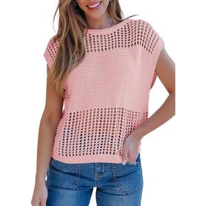 imageEVALESS Womens Tops Casual Summer Cap Short Sleeve Crochet Hollow Out Knit Sweater Vest Pullover TShirts Beach CoverupLight Pink