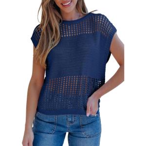 imageEVALESS Womens Tops Casual Summer Cap Short Sleeve Crochet Hollow Out Knit Sweater Vest Pullover TShirts Beach CoverupNavy Blue
