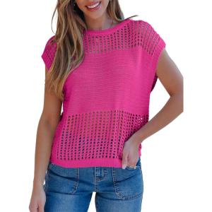 imageEVALESS Womens Tops Casual Summer Cap Short Sleeve Crochet Hollow Out Knit Sweater Vest Pullover TShirts Beach CoverupRose Red
