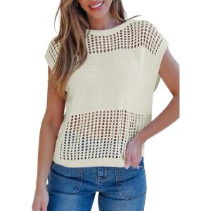 imageEVALESS Womens Tops Casual Summer Cap Short Sleeve Crochet Hollow Out Knit Sweater Vest Pullover TShirts Beach CoverupWhite