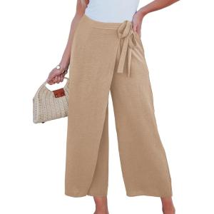 imageEVALESS Womens Wide Leg Palazzo Pants Work Casual Trousers Summer Elastic High Waisted Cute Side Tie Culottes with PocketsApricot