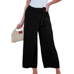 imageEVALESS Womens Wide Leg Palazzo Pants Work Casual Trousers Summer Elastic High Waisted Cute Side Tie Culottes with PocketsBlack