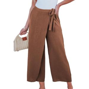 imageEVALESS Womens Wide Leg Palazzo Pants Work Casual Trousers Summer Elastic High Waisted Cute Side Tie Culottes with PocketsBrown