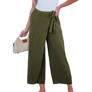 imageEVALESS Womens Wide Leg Palazzo Pants Work Casual Trousers Summer Elastic High Waisted Cute Side Tie Culottes with PocketsJungle Green