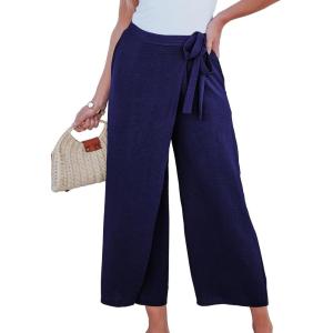 imageEVALESS Womens Wide Leg Palazzo Pants Work Casual Trousers Summer Elastic High Waisted Cute Side Tie Culottes with PocketsNavy Blue