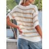 imageEVALESS Womens Short Sleeve Sweater Casual Crewneck Knit Shirt Tops Spring Trendy Striped Color Block Crochet SweatersKhaki Stripe