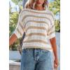 imageEVALESS Womens Short Sleeve Sweater Casual Crewneck Knit Shirt Tops Spring Trendy Striped Color Block Crochet SweatersKhaki Stripe