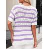 imageEVALESS Womens Short Sleeve Sweater Casual Crewneck Knit Shirt Tops Spring Trendy Striped Color Block Crochet SweatersPurple Stripe
