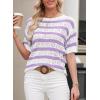 imageEVALESS Womens Short Sleeve Sweater Casual Crewneck Knit Shirt Tops Spring Trendy Striped Color Block Crochet SweatersPurple Stripe