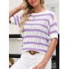 imageEVALESS Womens Short Sleeve Sweater Casual Crewneck Knit Shirt Tops Spring Trendy Striped Color Block Crochet SweatersPurple Stripe