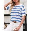 imageEVALESS Womens Short Sleeve Sweater Casual Crewneck Knit Shirt Tops Spring Trendy Striped Color Block Crochet SweatersSky Blue Stripe