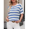 imageEVALESS Womens Short Sleeve Sweater Casual Crewneck Knit Shirt Tops Spring Trendy Striped Color Block Crochet SweatersSky Blue Stripe