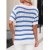 imageEVALESS Womens Short Sleeve Sweater Casual Crewneck Knit Shirt Tops Spring Trendy Striped Color Block Crochet SweatersSky Blue Stripe