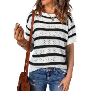 imageEVALESS Womens Short Sleeve Sweater Casual Crewneck Knit Shirt Tops Spring Trendy Striped Color Block Crochet SweatersBlack Stripe