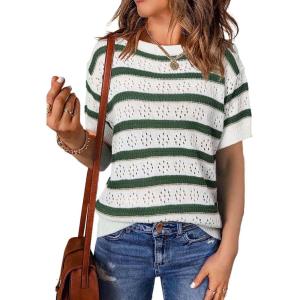 imageEVALESS Womens Short Sleeve Sweater Casual Crewneck Knit Shirt Tops Spring Trendy Striped Color Block Crochet SweatersGreen Stripe