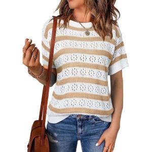 imageEVALESS Womens Short Sleeve Sweater Casual Crewneck Knit Shirt Tops Spring Trendy Striped Color Block Crochet SweatersKhaki Stripe