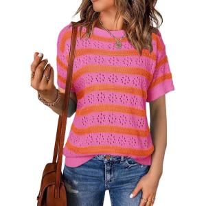 imageEVALESS Womens Short Sleeve Sweater Casual Crewneck Knit Shirt Tops Spring Trendy Striped Color Block Crochet SweatersOrange Stripe