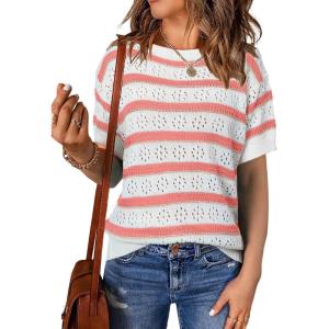 imageEVALESS Womens Short Sleeve Sweater Casual Crewneck Knit Shirt Tops Spring Trendy Striped Color Block Crochet SweatersPink Stripe