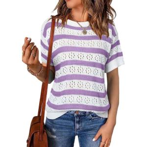 imageEVALESS Womens Short Sleeve Sweater Casual Crewneck Knit Shirt Tops Spring Trendy Striped Color Block Crochet SweatersPurple Stripe