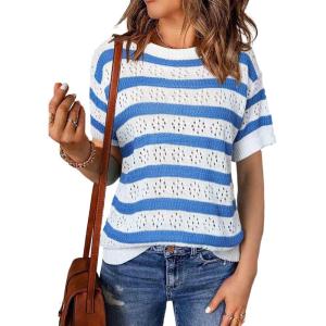 imageEVALESS Womens Short Sleeve Sweater Casual Crewneck Knit Shirt Tops Spring Trendy Striped Color Block Crochet SweatersSky Blue Stripe