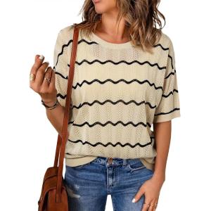 imageEVALESS Womens Short Sleeve Sweaters Spring Summer Crochet Knit Tops Crewneck Striped T Shirts Casual Blouses for WomenApricot Stripe
