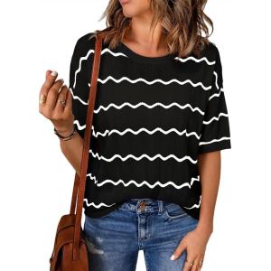 imageEVALESS Womens Short Sleeve Sweaters Spring Summer Crochet Knit Tops Crewneck Striped T Shirts Casual Blouses for WomenBlack Stripe