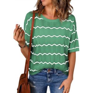 imageEVALESS Womens Short Sleeve Sweaters Spring Summer Crochet Knit Tops Crewneck Striped T Shirts Casual Blouses for WomenGreen Stripe