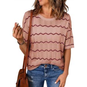 imageEVALESS Womens Short Sleeve Sweaters Spring Summer Crochet Knit Tops Crewneck Striped T Shirts Casual Blouses for WomenPink Stripe