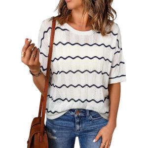 imageEVALESS Womens Short Sleeve Sweaters Spring Summer Crochet Knit Tops Crewneck Striped T Shirts Casual Blouses for WomenWhite Stripe