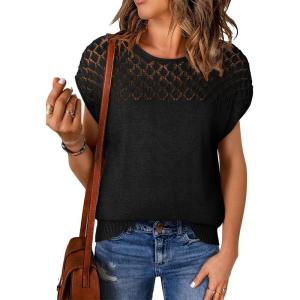 imageEVALESS Womens Fashion Short Sleeve Sweaters Crewneck Crochet Tops Summer Tie Back Shirts Knit T Shirts Sweater TopsBlack
