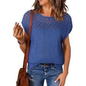 imageEVALESS Womens Fashion Short Sleeve Sweaters Crewneck Crochet Tops Summer Tie Back Shirts Knit T Shirts Sweater TopsBlue