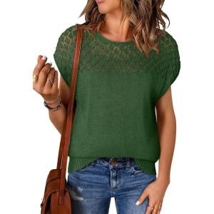 imageEVALESS Womens Fashion Short Sleeve Sweaters Crewneck Crochet Tops Summer Tie Back Shirts Knit T Shirts Sweater TopsGreen