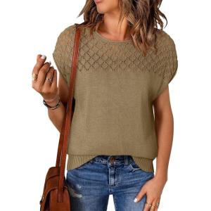 imageEVALESS Womens Fashion Short Sleeve Sweaters Crewneck Crochet Tops Summer Tie Back Shirts Knit T Shirts Sweater TopsKhaki