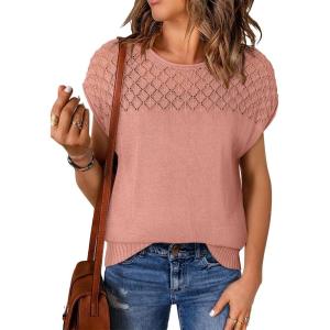imageEVALESS Womens Fashion Short Sleeve Sweaters Crewneck Crochet Tops Summer Tie Back Shirts Knit T Shirts Sweater TopsPink