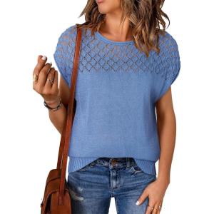 imageEVALESS Womens Fashion Short Sleeve Sweaters Crewneck Crochet Tops Summer Tie Back Shirts Knit T Shirts Sweater TopsSky Blue